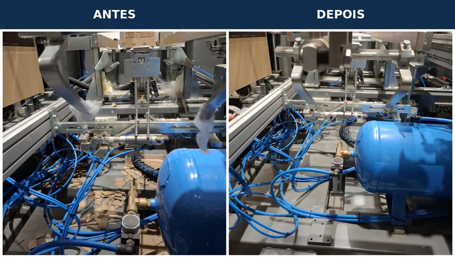 Antes e depois da limpeza técnica: remoção de resíduos de cola e cartão no interior do equipamento de embalagem, vista 2